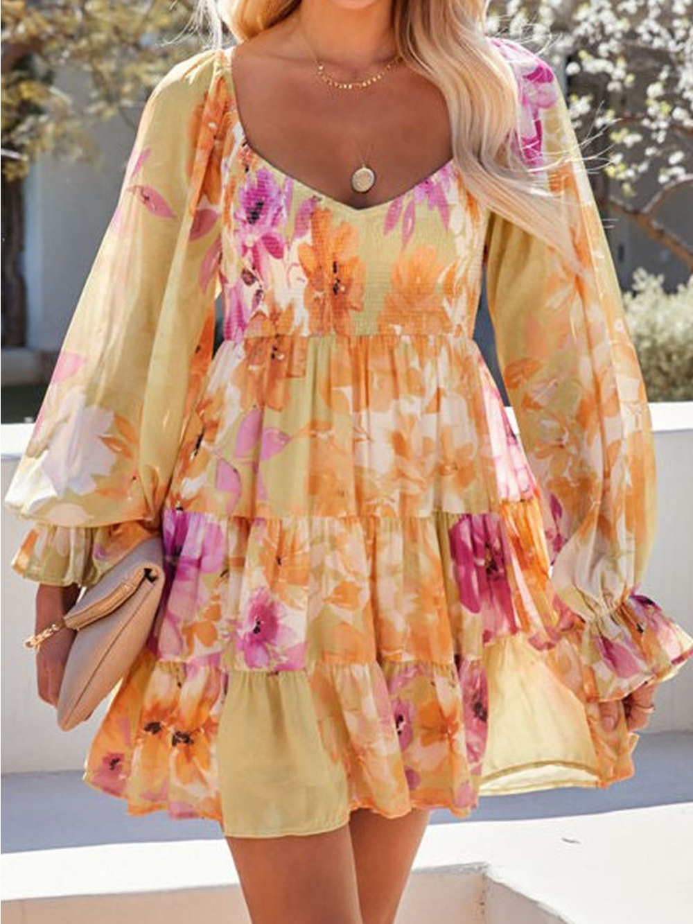 Floral Tiered Mini Dress in Yellow and Pink